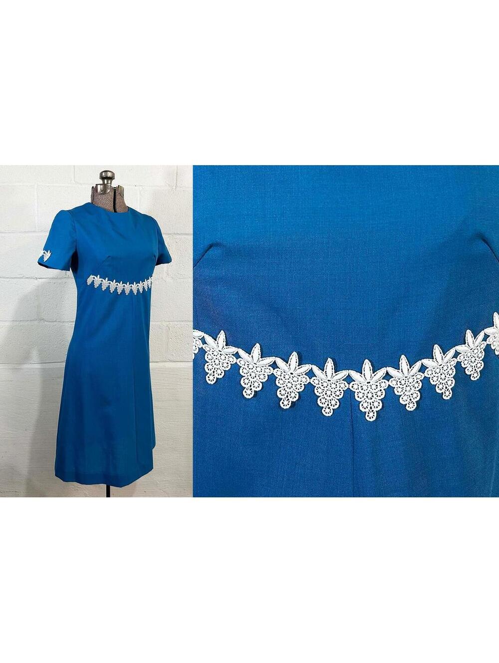 60s A Line Dress Dusty Blue Rayon White Lace Trim XS